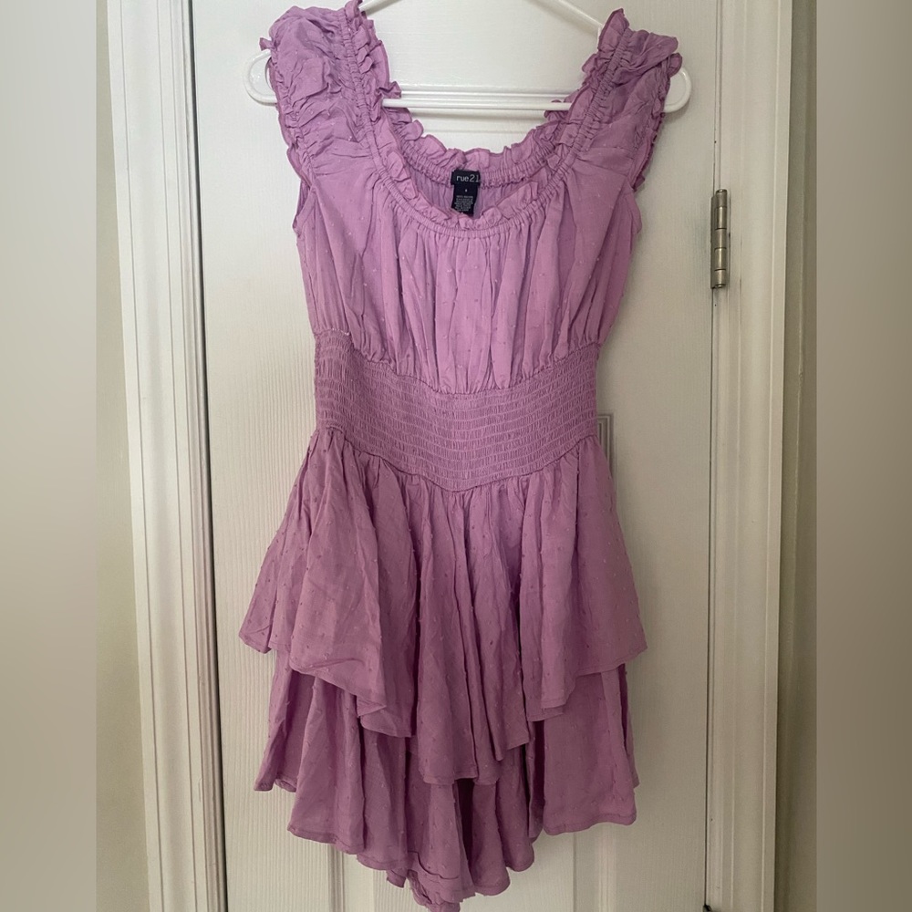 purple flowy layered romper